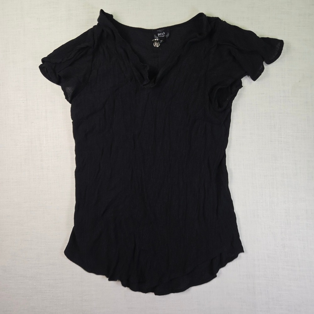 PERCH Blu Pepper Top 1X Women Black V Neck Boho Gauze Flutter Sleeve Blouse USA